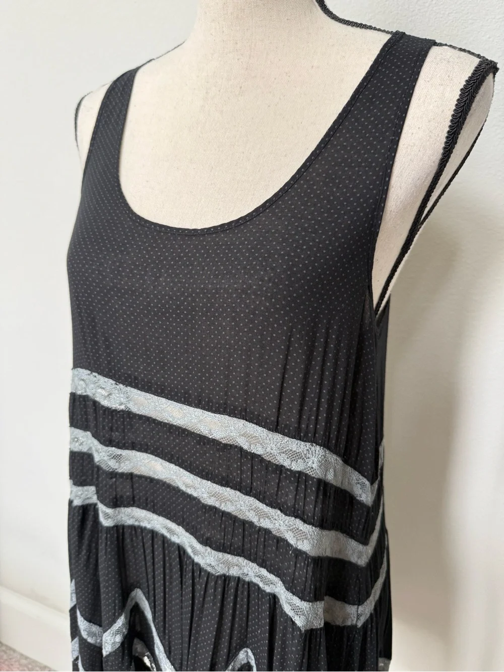 Free People Black Chemise with Gray Fots and Chevron Lace Accents